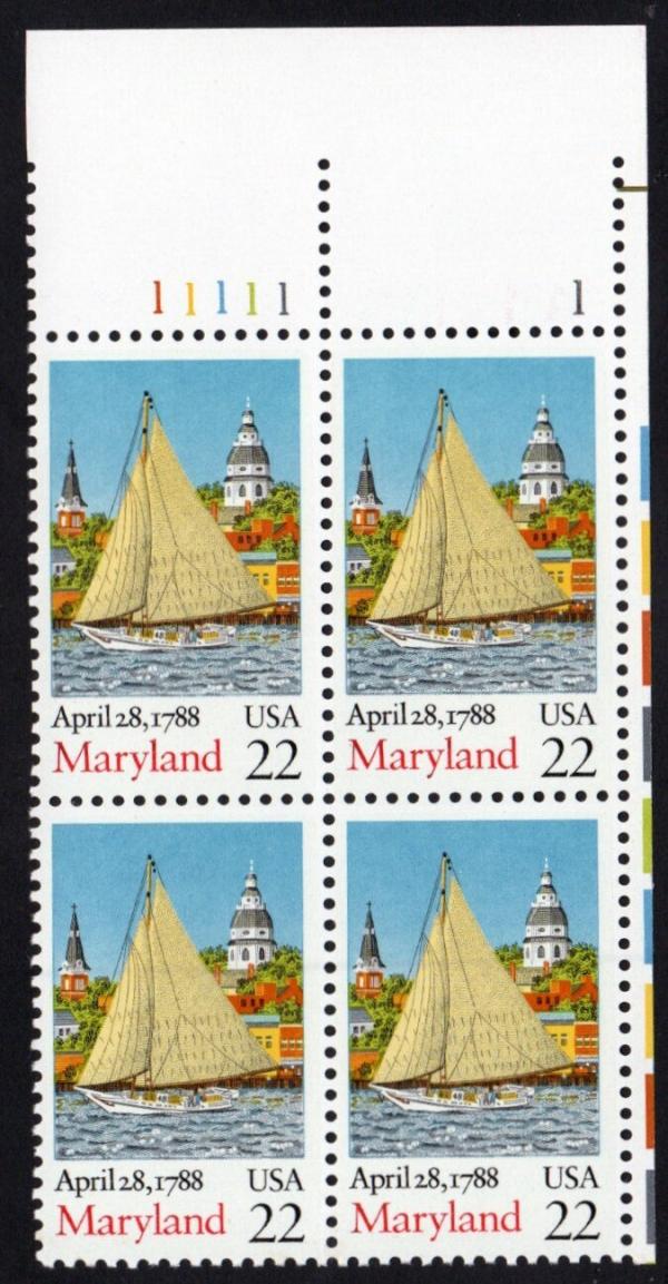 United States | 1987 Maryland Statehood Bicentenary Plate Block of Four 22-Cent United States Postage Stamps Multicolored Stamp Multicolored
