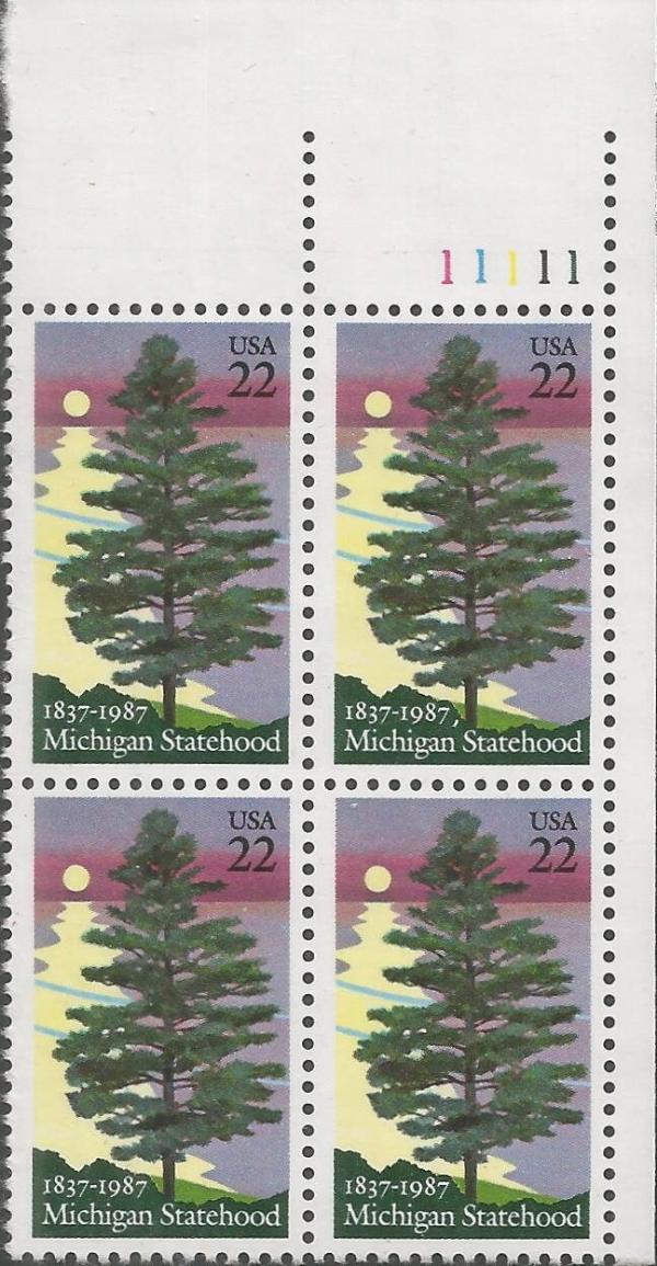 United States | 1987 Michigan Statehood Plate Block of Four 22-Cent United States Postage Stamps Multicolored Stamp Multicolored