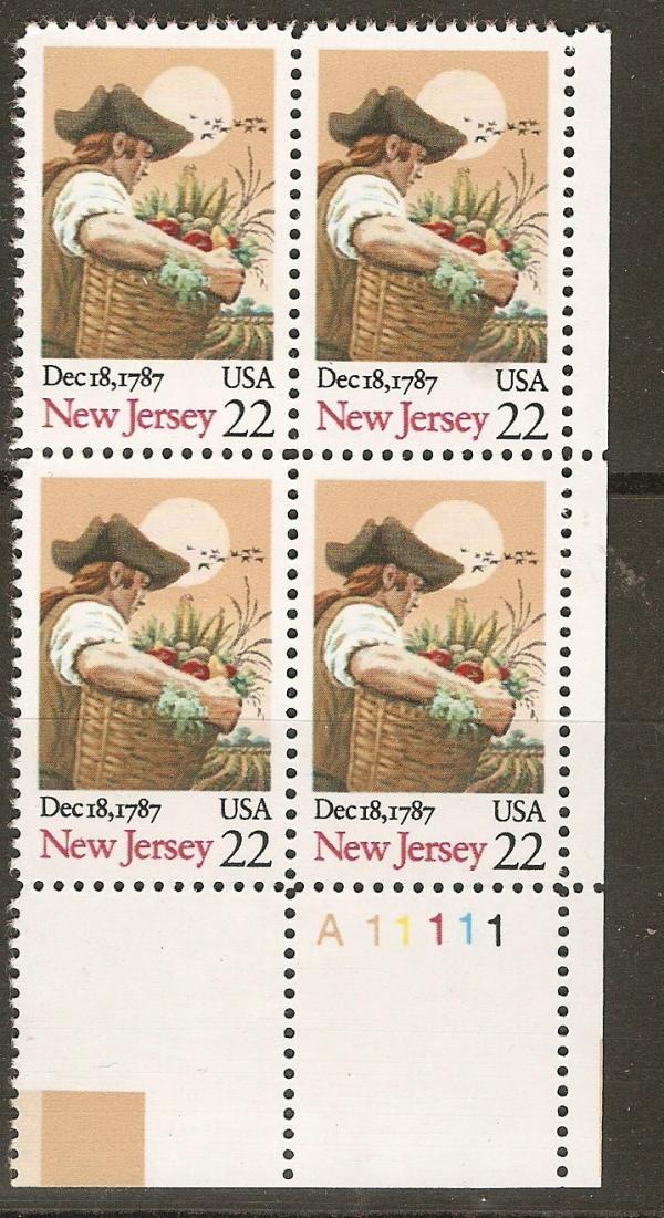 United States | 1987 New Jersey Statehood Plate Block of Four 22-Cent United States Postage Stamps Multicolored Stamp Multicolored