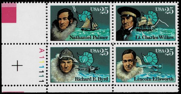 United States | 1988 Antarctic Explorers Plate Block of Four 25-Cent United States Postage Stamps Multicolored Stamp Multicolored