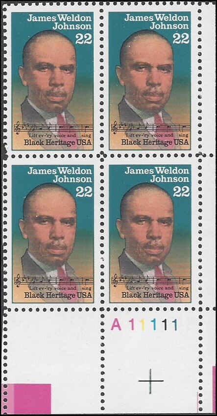 United States | 1988 Black Heritage James Weldon Johnson Plate Block of Four 22-Cent US Postage Stamps Multicolored Stamp Multicolored