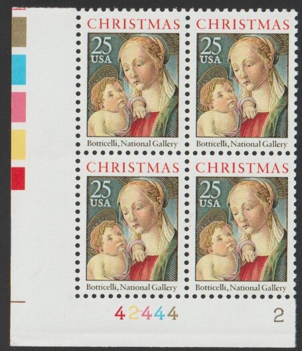 United States | 1988 Christmas Botticelli Madonna and Child Plate Block of Four 25-Cent US Postage Stamps Multicolored Stamp Multicolored