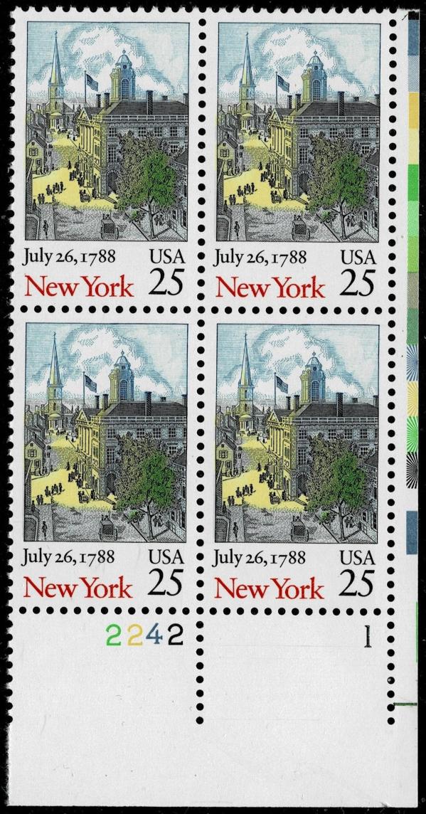 United States | 1988 New York Statehood Plate Block of Four 25-Cent United States Postage Stamps Multicolored Stamp Multicolored