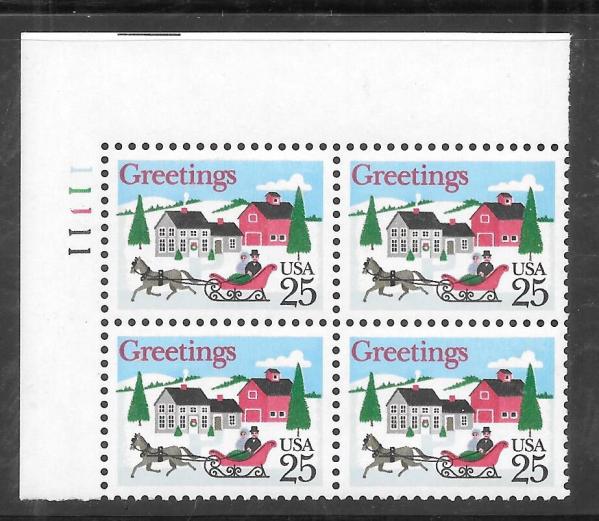 United States | 1988 Sleigh and Village Scene Plate Block of Four 25-Cent United States Christmas Postage Stamps Multicolored Stamp Multicolored