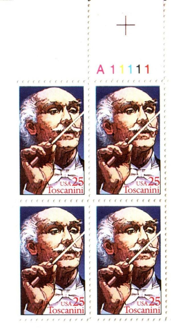 United States | 1989 Arturo Toscanini Plate Block of Four 25-Cent United States Postage Stamps Multicolored Stamp Multicolored