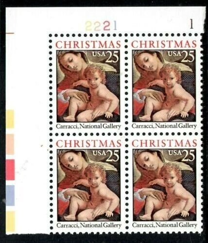 United States | 1989 Madonna and Child Plate Block of Four 25-Cent United States Christmas Postage Stamps Multicolored Stamp Multicolored