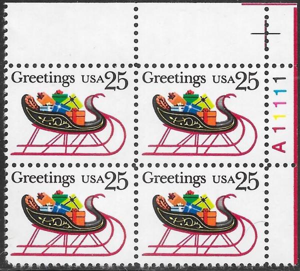 United States | 1989 Sleigh With Christmas Presents Plate Block of Four 25-Cent United States Postage Stamps Multicolored Stamp Multicolored