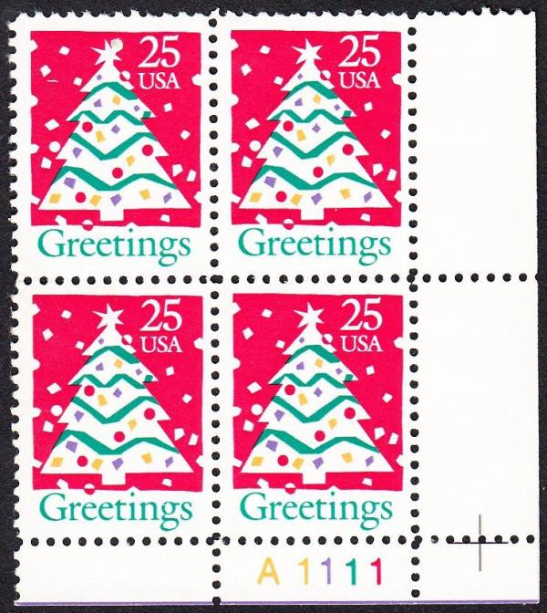 United States | 1990 Christmas Tree Plate Block of Four 25-Cent United States Postage Stamps Multicolored Stamp Multicolored