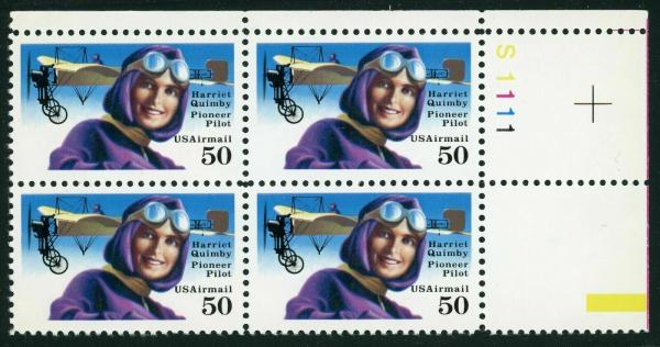 United States | 1991 Harriet Quimby Plate Block of Four 50-Cent US Air Mail Postage Stamps Multicolored Stamp Multicolored