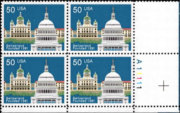 United States | 1991 Switzerland 700th Anniversary Collectible Plate Block of Four 50-Cent United States Postage Stamps Multicolored Stamp Multicolored