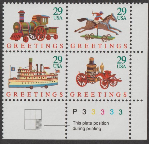 United States | 1992 Christmas Toys Plate Block of Four US 29-Cent Postage Stamps Mint Never Hinged Multicolored Stamp Multicolored