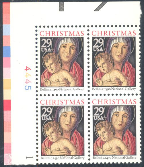 United States | 1992 Madonna and Child Christmas Plate Block of 4 29c US Postage Stamps Mint Never Hinged Multicolored Stamp Multicolored