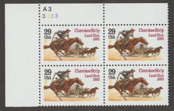 United States | 1993 Cherokee Strip Land Run Plate Block of Four 29-Cent United States Postage Stamps Multicolored Stamp Multicolored