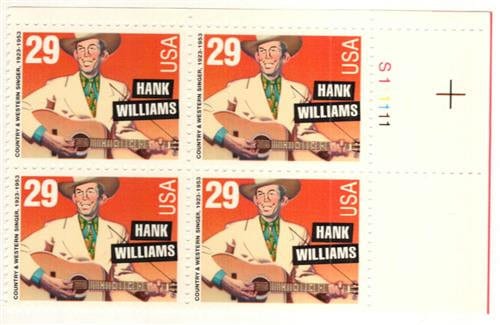 United States | 1993 Legend of American Music Hank Williams Plate Block of Four 29-Cent US Postage Stamps Mint Never Hinged Multicolored Stamp Multicolored