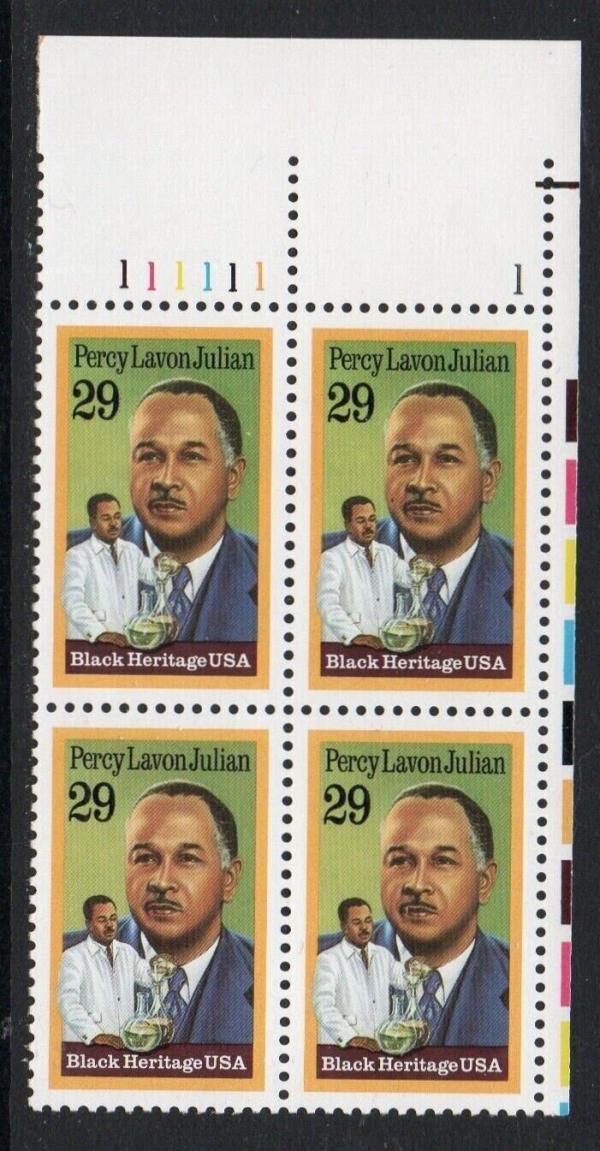 United States | 1993 Percy Lavon Julian Black Heritage Plate Block of Four 29-Cent United States Postage Stamps Multicolored Stamp Multicolored