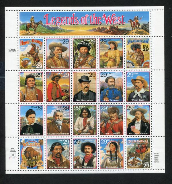 United States | 1994 Legends of the West Sheet of Twenty 29-Cent United States Postage Stamps Multicolored Stamp Multicolored
