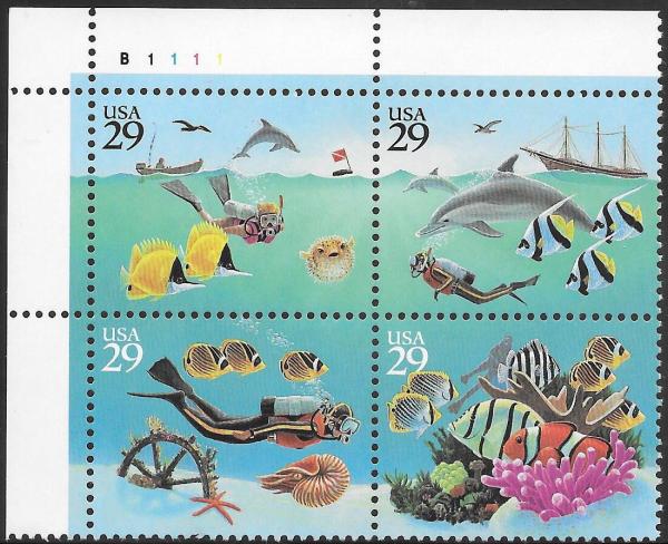United States | 1994 Wonders of The Sea Plate Block of Four 29-Cent United States Postage Stamps Multicolored Stamp Multicolored