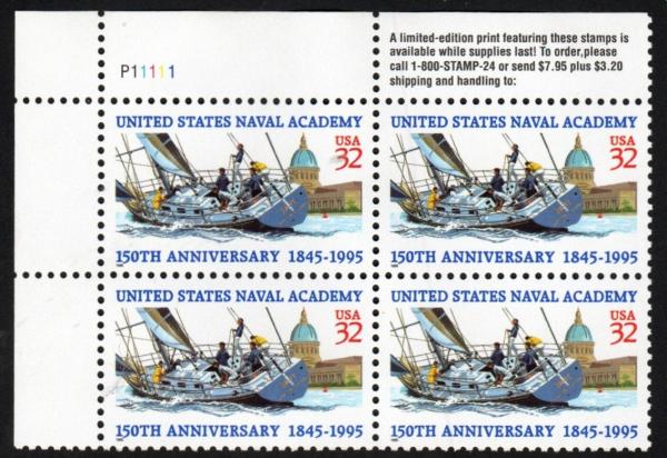 United States | 1995 U.S. Naval Academy 150th Anniversary Plate Block of Four 32-Cent United States Postage Stamps Multicolored Stamp Multicolored