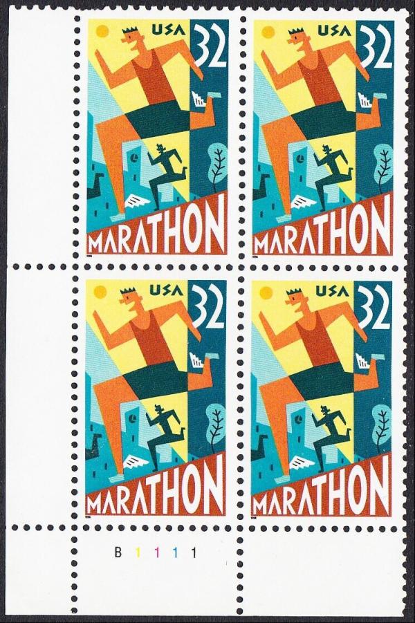 United States | 1996 Marathon Plate Block of Four 32-Cent United States Postage Stamps Multicolored Stamp Multicolored