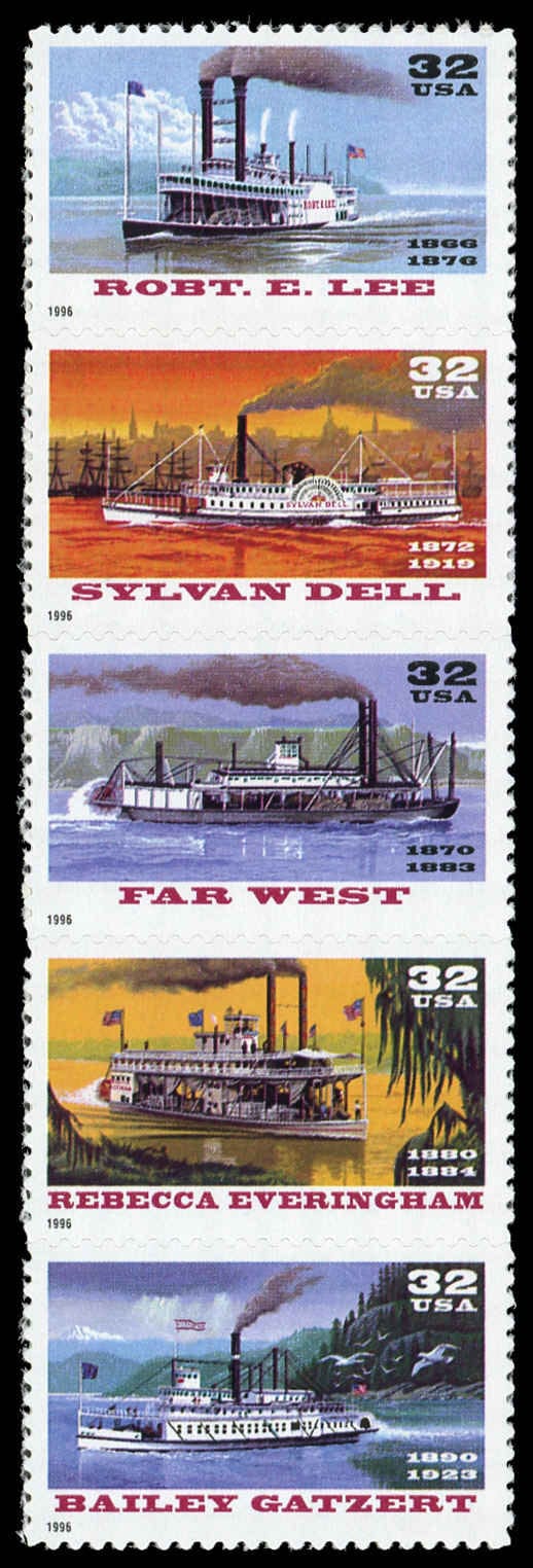 United States | 1996 Riverboats Strip of Five 32-Cent United States Postage Stamps Multicolored Stamp Multicolored