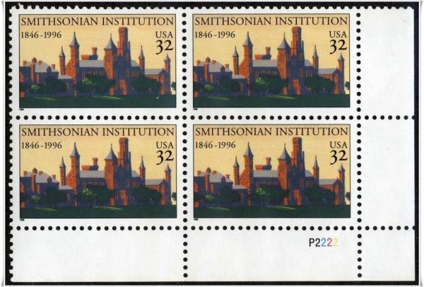 United States | 1996 Smithsonian Institution 150th Anniversary Plate Block of Four 32-Cent United States Postage Stamps Multicolored Stamp Multicolored