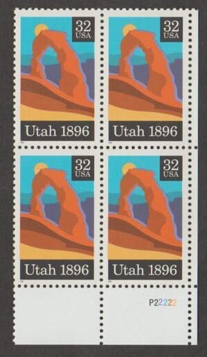 United States | 1996 Utah Statehood Plate Block of Four 32-Cent United States Postage Stamps Multicolored Stamp Multicolored