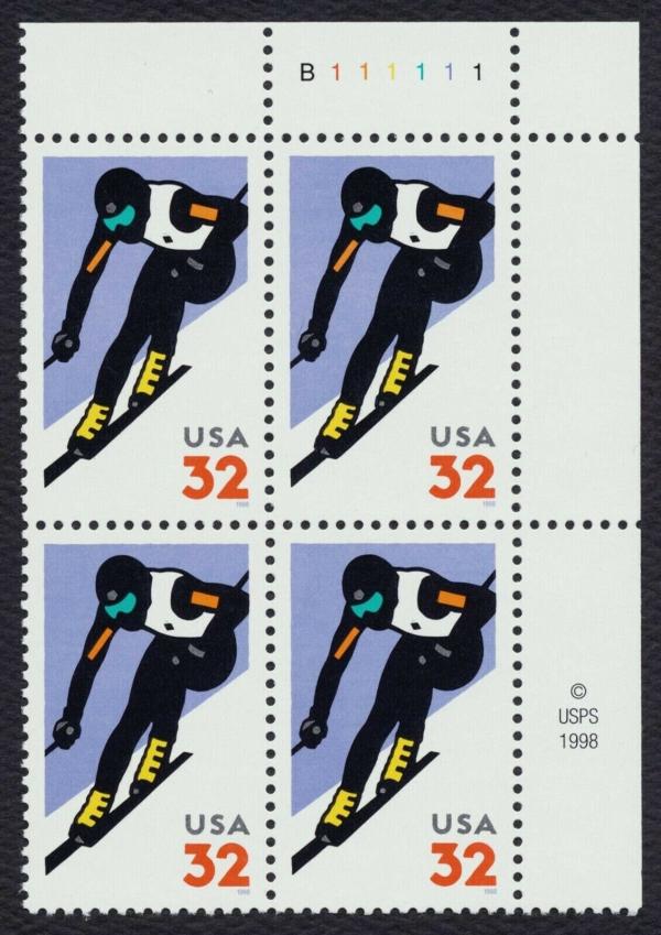United States | 1998 Alpine Skiing Plate Block of Four 32-Cent United States Postage Stamps Multicolored Stamp Multicolored