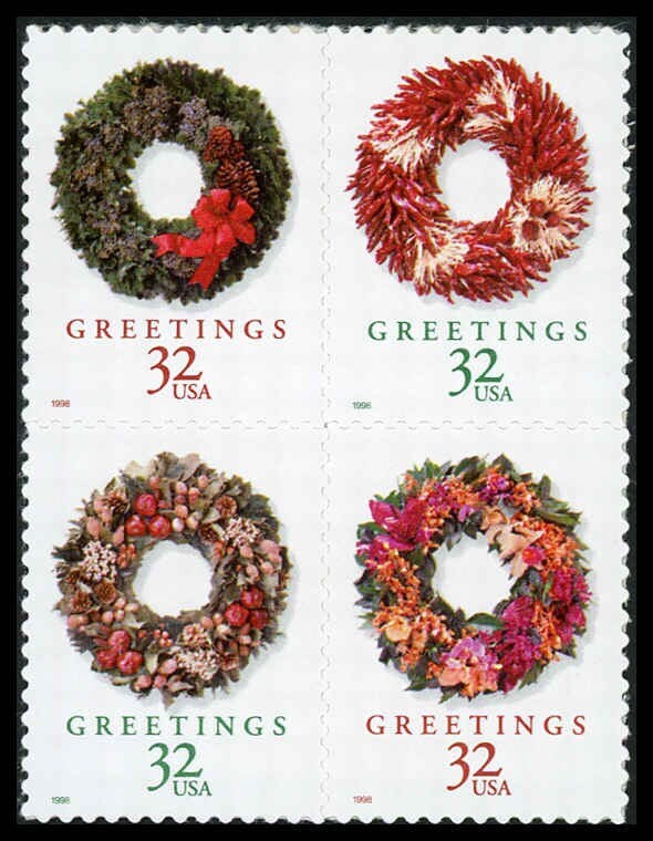 United States | 1998 Christmas Wreaths Block of Four US 32-Cent Postage Stamps Mint Never Hinged Multicolored Stamp Multicolored