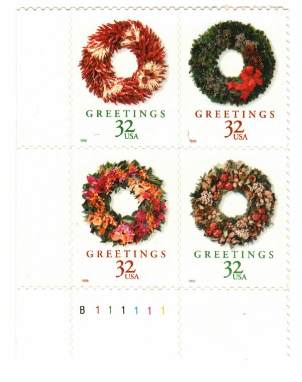 United States | 1998 Christmas Wreaths Plate Block of Four US 32-Cent Postage Stamps Multicolored Stamp Multicolored