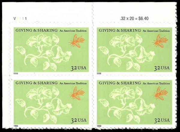 United States | 1998 Giving and Sharing Plate Block of Four 32-Cent United States Postage Stamps Multicolored Stamp Multicolored