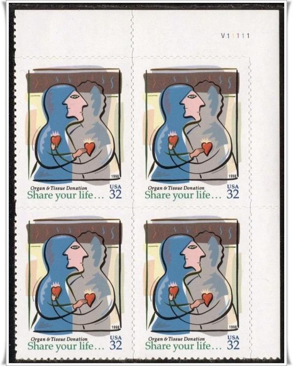 United States | 1998 Organ Donation Plate Block of Four 32-Cent United States Postage Stamps Multicolored Stamp Multicolored