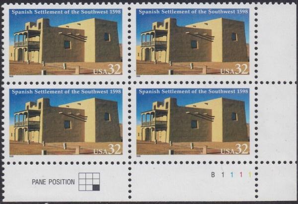 United States | 1998 Spanish Settlement of the Southwest Plate Block of Four 32-Cent United States Postage Stamps Multicolored Stamp Multicolored
