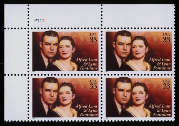 United States | 1999 Alfred Lunt and Lynn Fontanne Plate Block of Four 33-Cent United States Postage Stamps Multicolored Stamp Multicolored