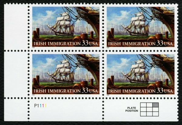 United States | 1999 Irish Immigration Collectible Plate Block of Four US 33-Cent Postage Stamps Mint Never Hinged Multicolored Stamp Multicolored
