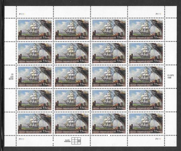 United States | 1999 Irish Immigration Mint Sheet of Twenty 33-Cent United States Postage Stamps Multicolored Stamp Multicolored