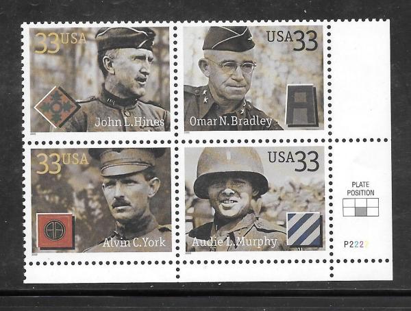 United States | 2000 Distinguished Soldiers Plate Block of Four 33-Cent United States Postage Stamps Multicolored Stamp Multicolored