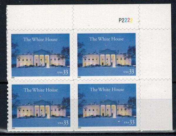 United States | 2000 The White House Plate Block of Four 33-Cent US Postage Stamps Multicolored Stamp Multicolored