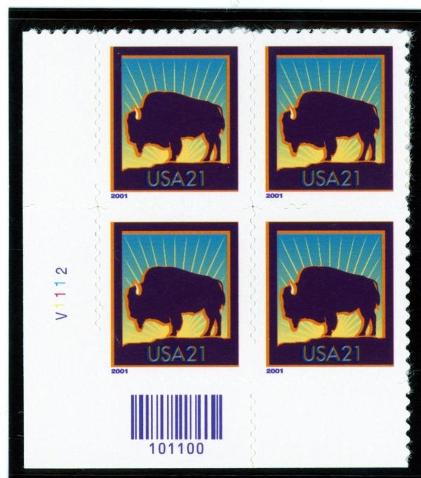 United States | 2001 American Bison Plate Block of Four 21-Cent US Postage Stamps Multicolored Stamp Multicolored