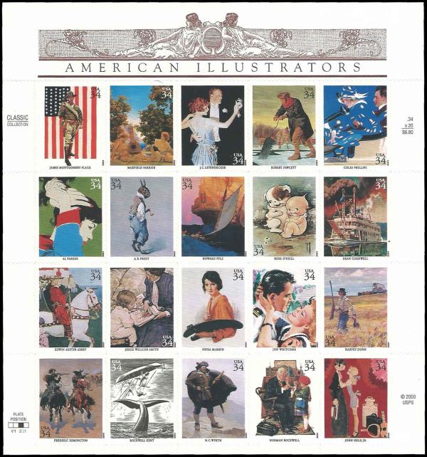 United States | 2001 American Illustrators Sheet of Twenty 34-Cent United States Postage Stamps Multicolored Stamp Multicolored