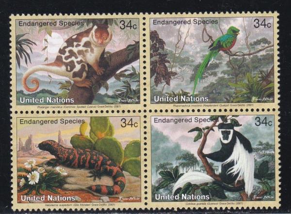 United States | 2001 Endangered Species Block of Four United Nations New York Postage Stamps Multicolor Stamp Multicolor