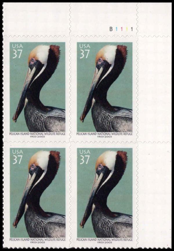 United States | 2003 Pelican Island National Wildlife Refuge Plate Block of Four 37-Cent US Postage Stamps Multicolored Stamp Multicolored