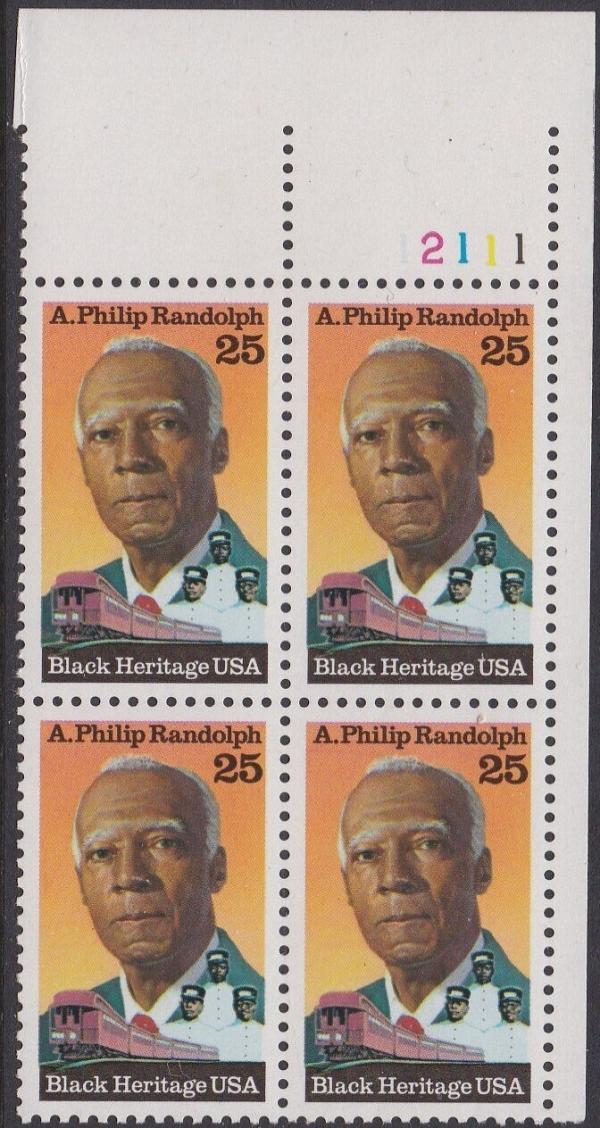 United States | A Philip Randolph Plate Block of Four 25-Cent United States Postage Stamps Issued 1989 Multicolored Stamp Multicolored