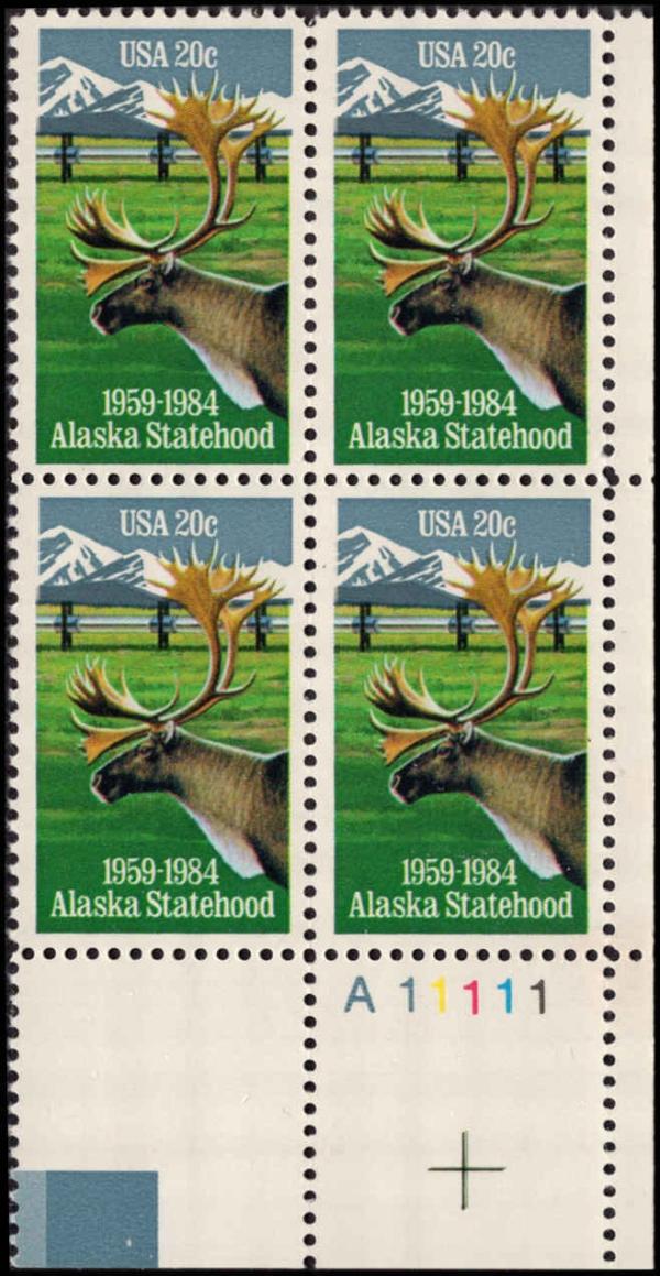 United States | Alaska Statehood Plate Block of Four 20-Cent United States Postage Stamps Issued 1984 Multicolored Stamp Multicolored