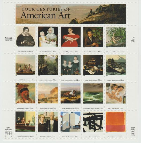 United States | American Art Sheet of Twenty 32-Cent United States Postage Stamps Multicolored Stamp Multicolored