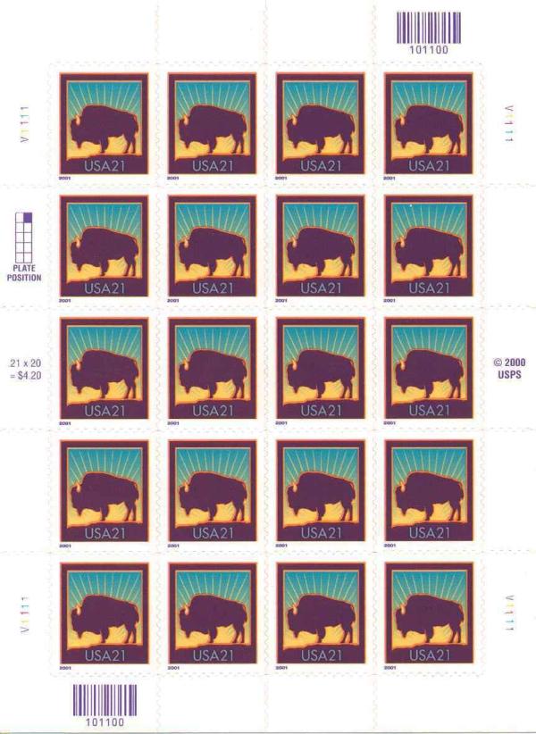 United States | American Bison Sheet of Twenty 21-Cent United States Postage Stamps Issued 2001 Multicolored Stamp Multicolored