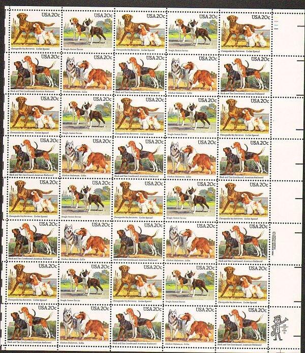 United States | American Dog Breeds Sheet of Forty 20-Cent United States Postage Stamps Issued 1984 Multicolored Stamp Multicolored