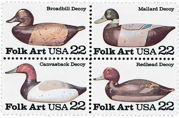 United States | American Folk Art Duck Decoys Block of Four US 22-Cent Postage Stamps Issued 1985 Multicolored Stamp Multicolored