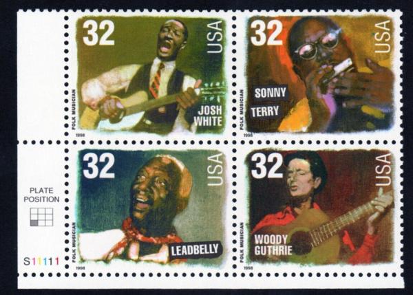 United States | American Folk Musicians Plate Block of Four 32-Cent United States Postage Stamps Issued 1998 Multicolored Stamp Multicolored
