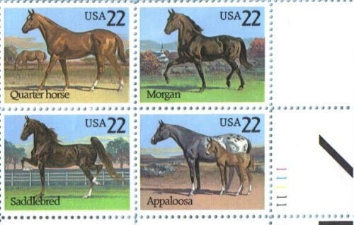 United States | American Horses Plate Block of Four 22-Cent United States Postage Stamps Issued 1985 Multicolored Stamp Multicolored