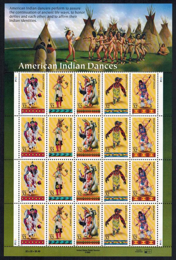 United States | American Indian Dances Sheet of Twenty 32-Cent United States Postage Stamps Issued 1996 Multicolored Stamp Multicolored